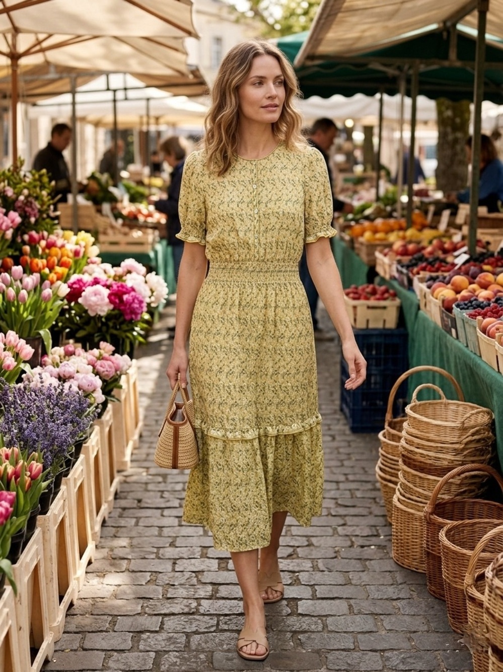 Max Studio Yellow Floral Smocked Waist Midi Dress Size L